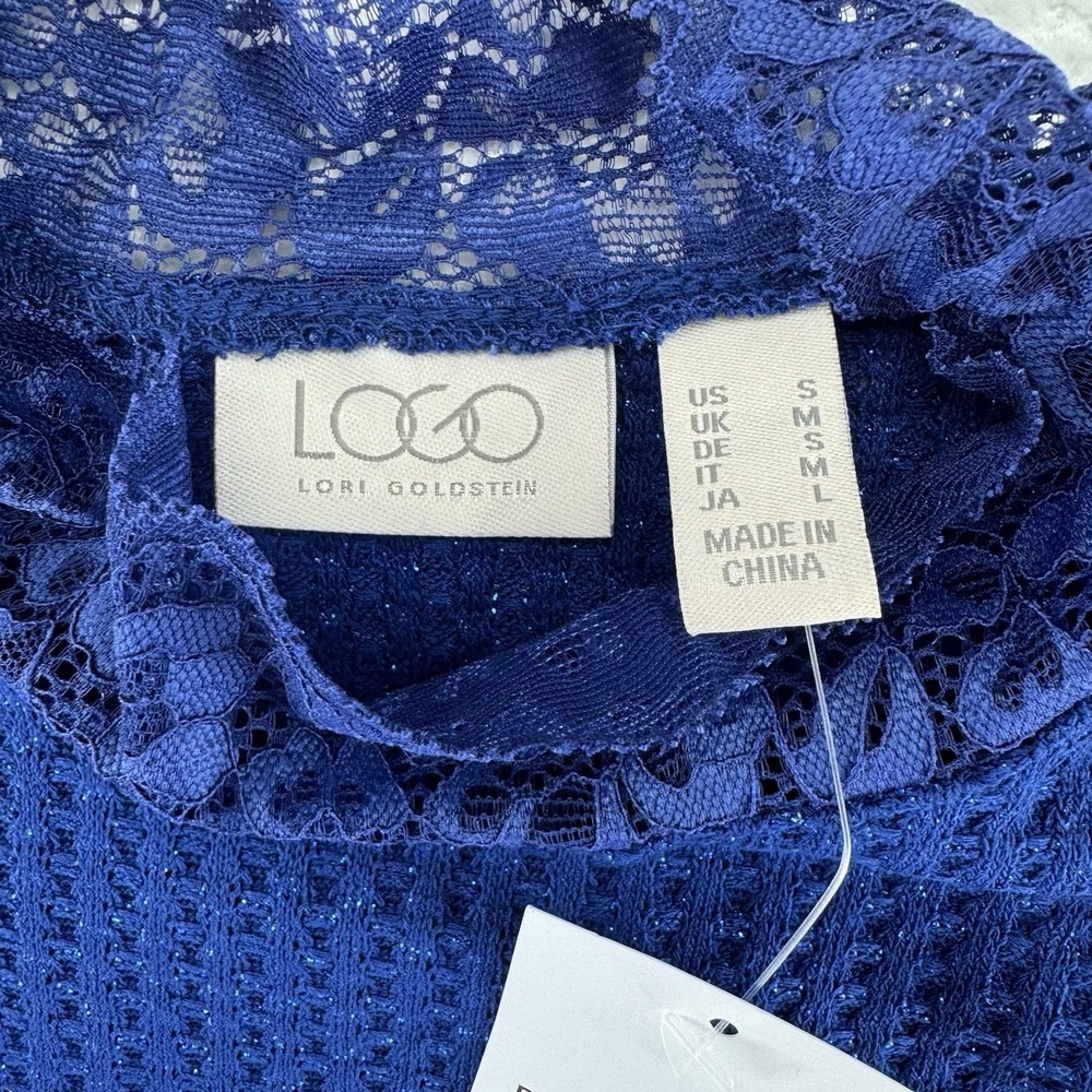 LOGO by Lori Goldstein Metallic Waffle Knit Mock Neck Top Sweater Small Blue - Picture 10 of 13